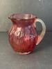 Cranberry Art Glass Pitcher With Clear Ribbed Handle