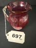 Cranberry Art Glass Pitcher With Clear Ribbed Handle - 7