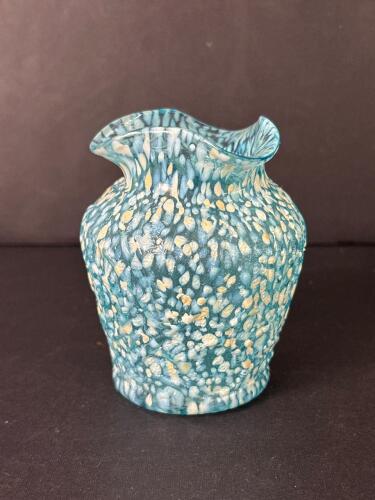 Very Small Blue Spatter Glass Vase With Ruffled Rim