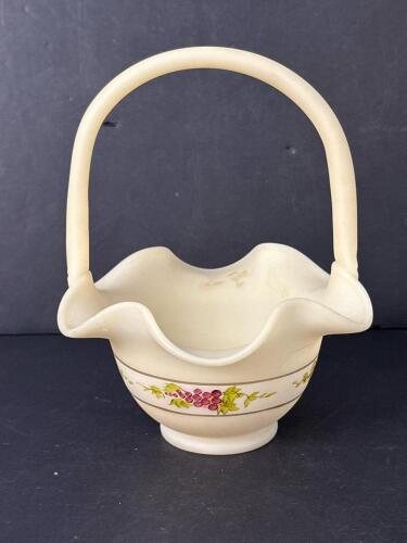 Hand Painted Milk Glass Basket with Ruffled Edge