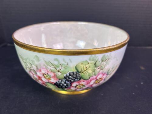 Hand Painted Porcelain Bowl With Floral And Berry Motif