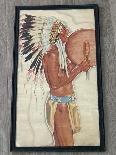 Vintage Winold Reiss Wall Art Portrait of Native American Man in Feathered Headdress - 24" x 14"
