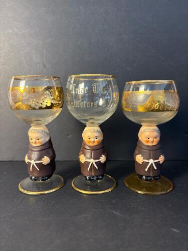 Three German Friar Tuck Figural Stem Wine Glasses