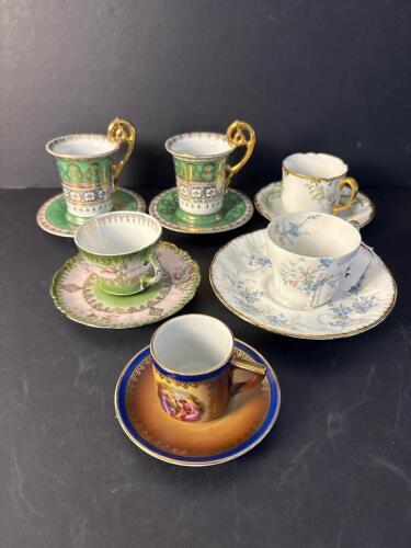 Assorted Antique Porcelain Demitasse Cups and Saucers, European Makers