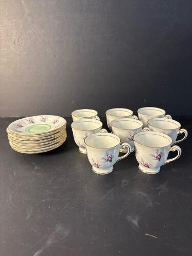 Clarence Bone China England Cups and Saucers, Floral Gold Trim, Set of Eight
