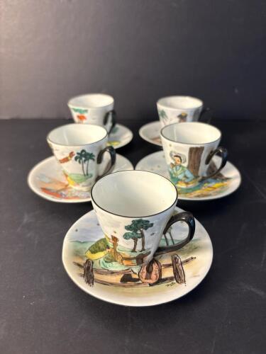 Hand-Painted Brazil-Themed Demitasse Cup and Saucers