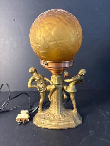 Art Deco-Style Figural Table Lamp With Amber Glass Globe Shade, Untested