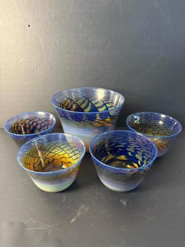 Art Glass Set of 5 Blown Glass Bowls W/ Blue & Amber Swirl Pattern