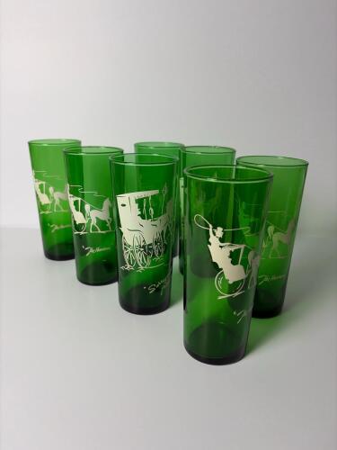Seven Green Glass Tumblers with White Motif