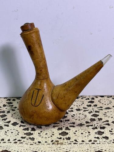 Vintage Leather Wrapped Vessel With Tribal Motifs