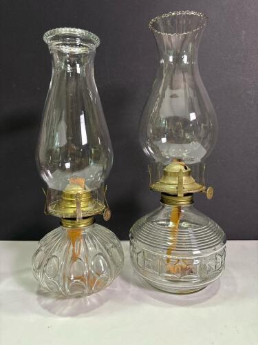 Pair of Antique Glass Oil Lamps with Clear Chimneys