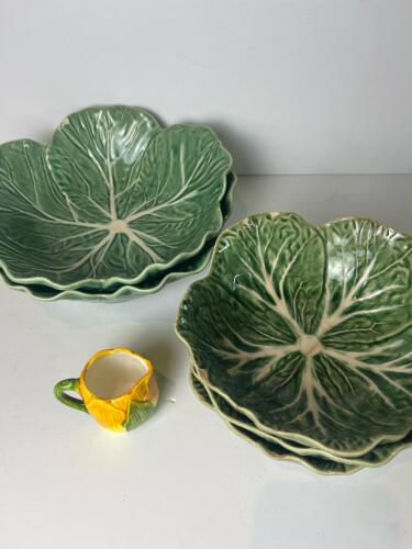 Five Cabbage Leaf Bowls with Tiny Yellow Floral Creamer