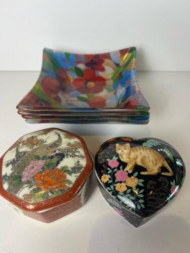 Japanese Porcelain Trinket Boxes and Small Glass Dishes