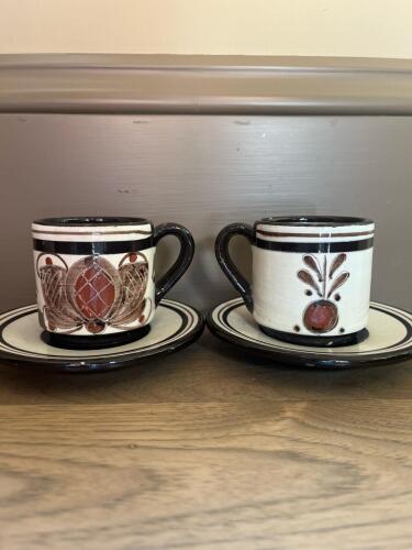 Pair of Hand-Painted Folk-Art Style Ceramic Pottery Cups with Saucers