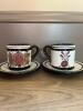 Pair of Hand-Painted Folk-Art Style Ceramic Pottery Cups with Saucers