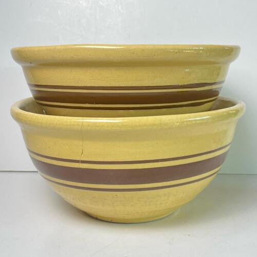Vintage Roseville Ohio Yellow Ware Mixing Bowls with Brown Stripe Bands