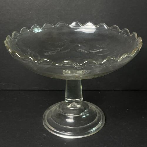 Glass Compote with Etched Wheat Motif and Scalloped Rim