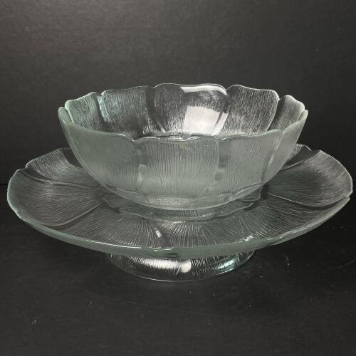 Clear Textured Glass Bowl and Pedestal Plate Set