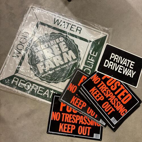 Private Driveway, No Trespassing, and Certified Tree Farm Signs