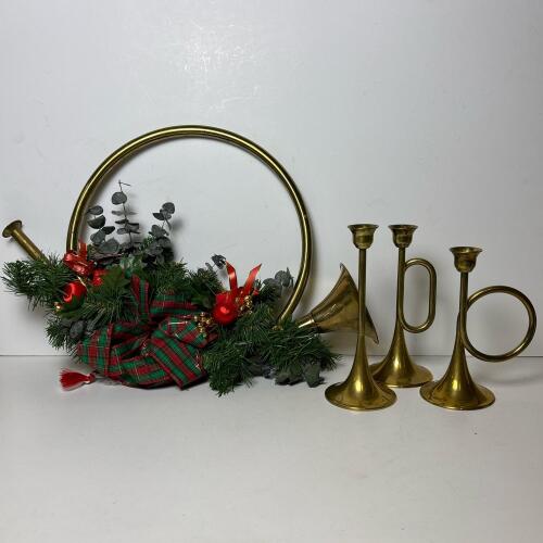 Brass French Horn Wall Decor & 3 Brass Bugle Candle Holders