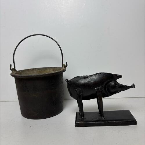 Small Cast Iron Bucket and Metal Pig Figurine