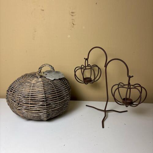 Pumpkin-Shaped Metal Tealight Holders & Wicker Pumpkin