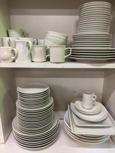 Assorted White Dinnerware Plates, Bowls, and Cups
