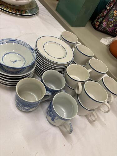 Assorted Stoneware Collection Blue and White Dishes and Cups