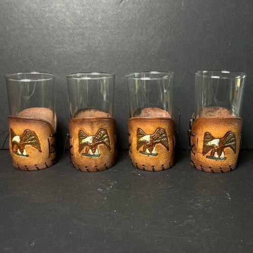 Glass Tumblers With Tooled Leather Eagle Wraps