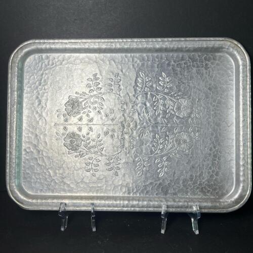 Rectangular Hammered Metal Serving Tray With Floral Motif