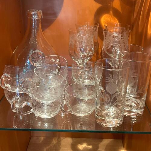 Etched Glass Stemware, Tumblers, Cups, and Decanter
