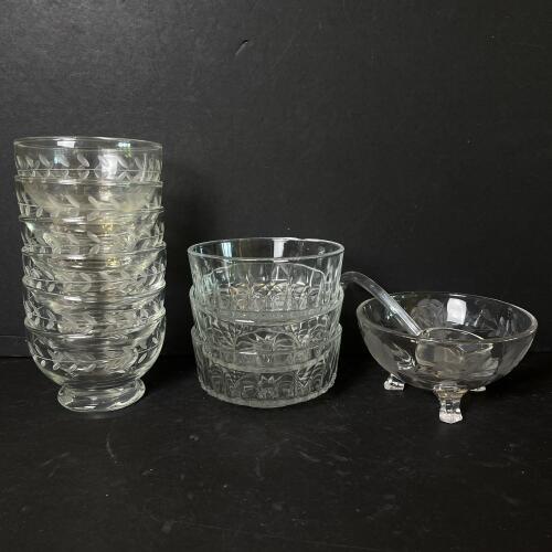 Vintage Pressed & Etched Glass Dessert Bowls, Cups, and Footed Bowl with Ladle