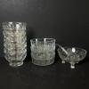 Vintage Pressed & Etched Glass Dessert Bowls, Cups, and Footed Bowl with Ladle