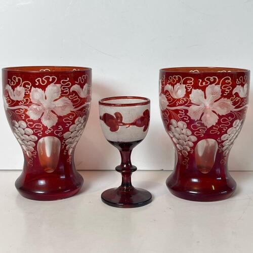 Bohemian-Style Ruby Cut to Clear Glasses and Goblet