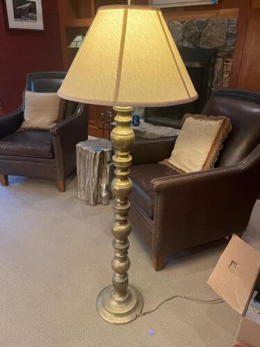 Brass Floor Lamp With Engraved Base And Fabric Shade