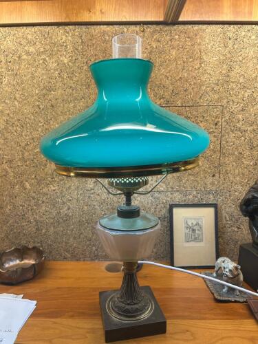 Vintage Table Lamp With Teal Glass Shade In Art Deco Style