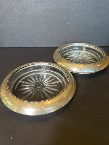 Pair of Glass and Silver Champagne Coasters with Beaded Edge