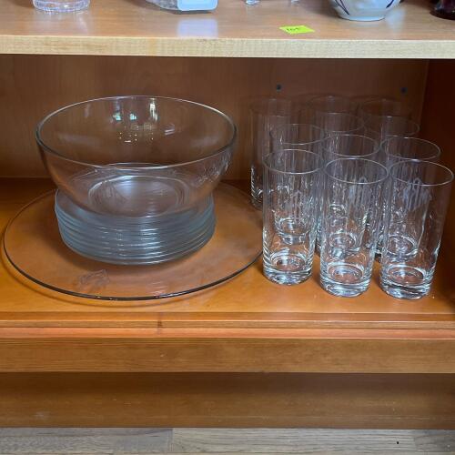 Monogrammed Glass Punch Bowl, Plates, and Glasses Set