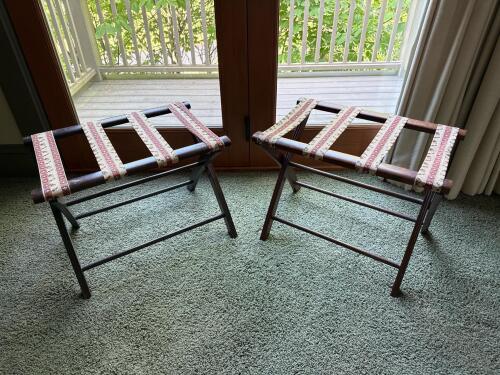 Pair of Folding Luggage Racks With Woven Floral Straps