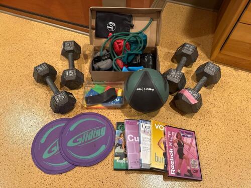 Assorted Home Workout Equipment and DVDs