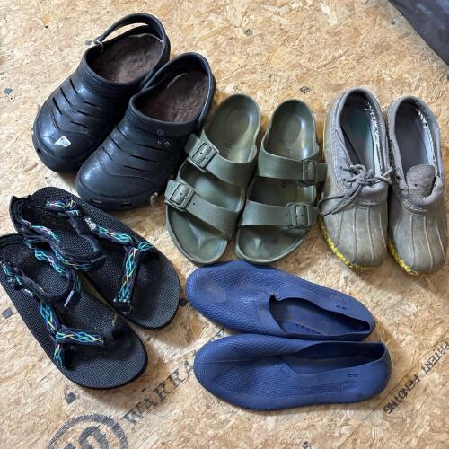 Assorted Men's Footwear: Teva Sandals, L.L.Bean Boots, Crocs, Birkenstock