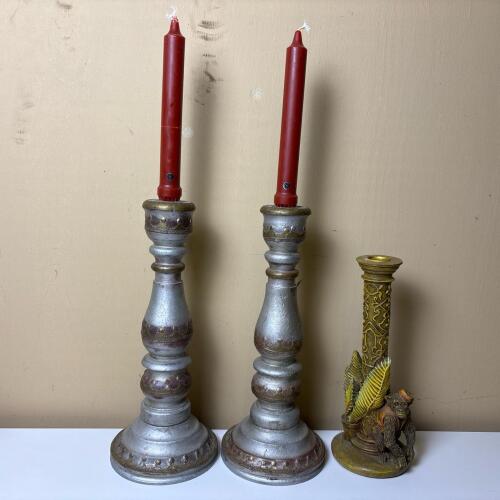 Two Silver-Tone Candlesticks and Monkey Motif Candlestick