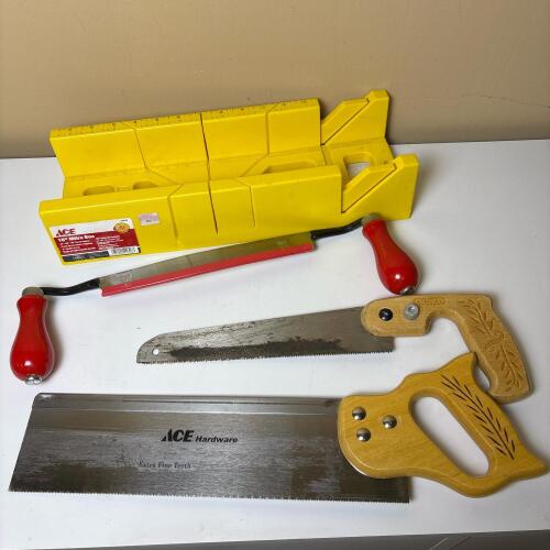 Mitre Box with Hand Saws & Drawknife