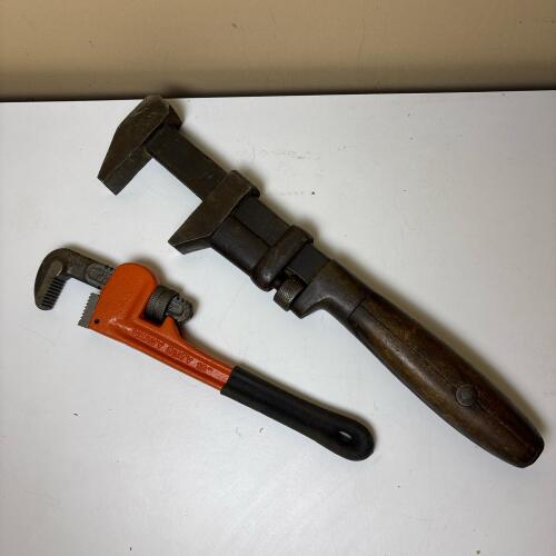 Vintage Wood Handle Pipe Wrench & Metal Pipe Wrench