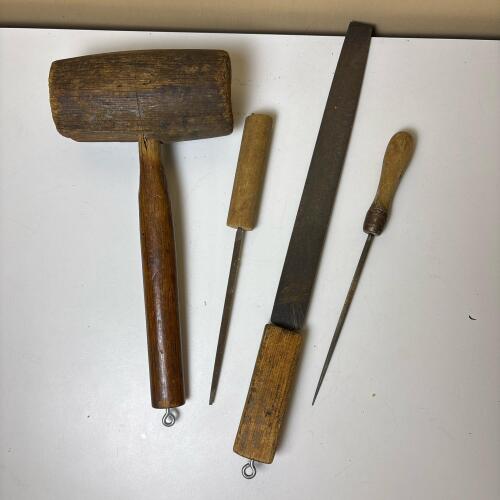 Vintage Wood Mallet, Heller Flat File & Round Files