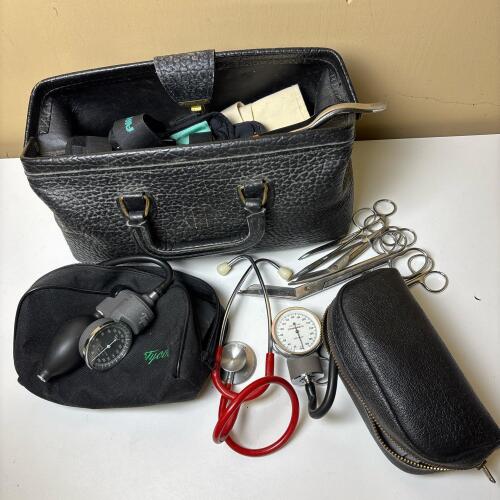Vintage Leathe Doctor's Bag With Instruments & Supplies