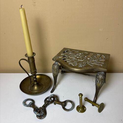 Brass Footman Trivet, Chamberstick, & Hardware