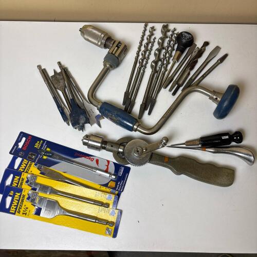 Stanley Hand Braces, Hand Drill, and Assorted Drill Bits