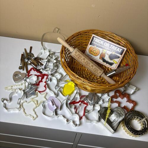 Vintage Cookie Cutters, Baking Utensils, and Embossed Rolling Pin