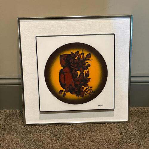 17" x 17" Framed Signed Figural Floral Enamel Artwork